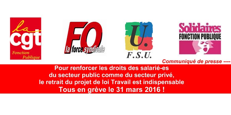 Grève du 31 mars 2016 - Communiqué des fédérations de fonctionnaires